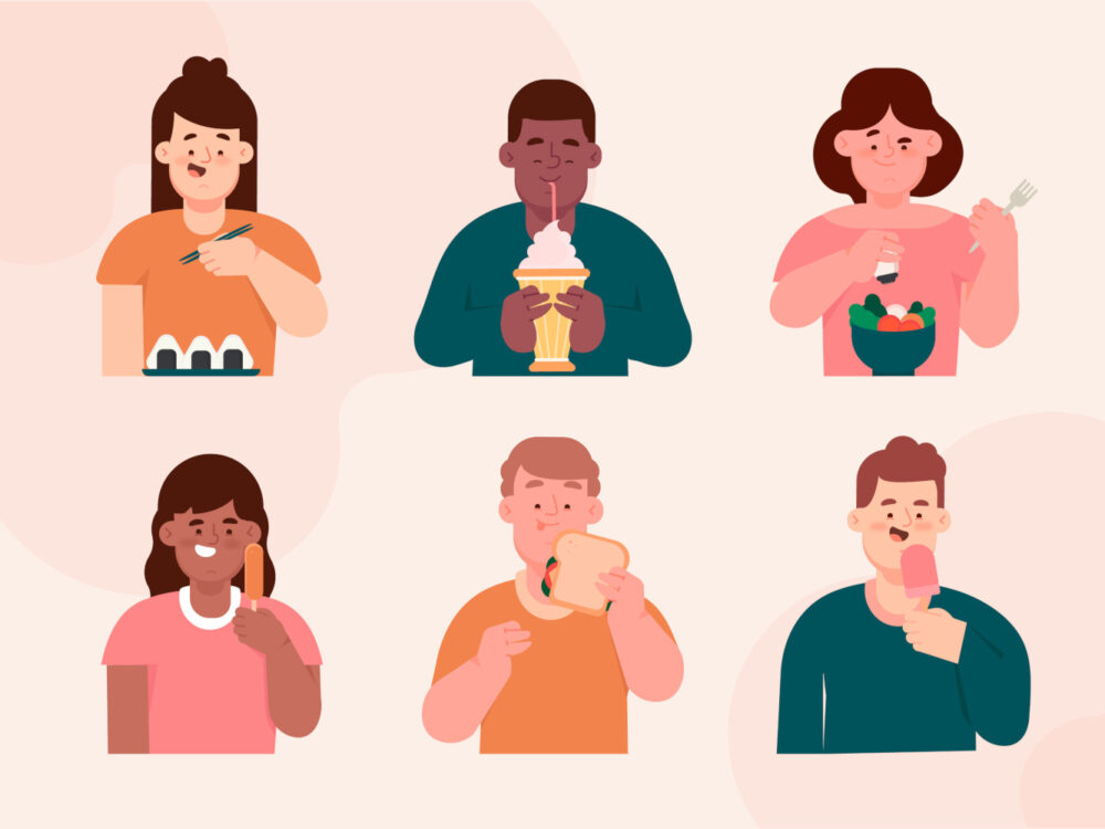 Pack of Characters with Food Free Vector
