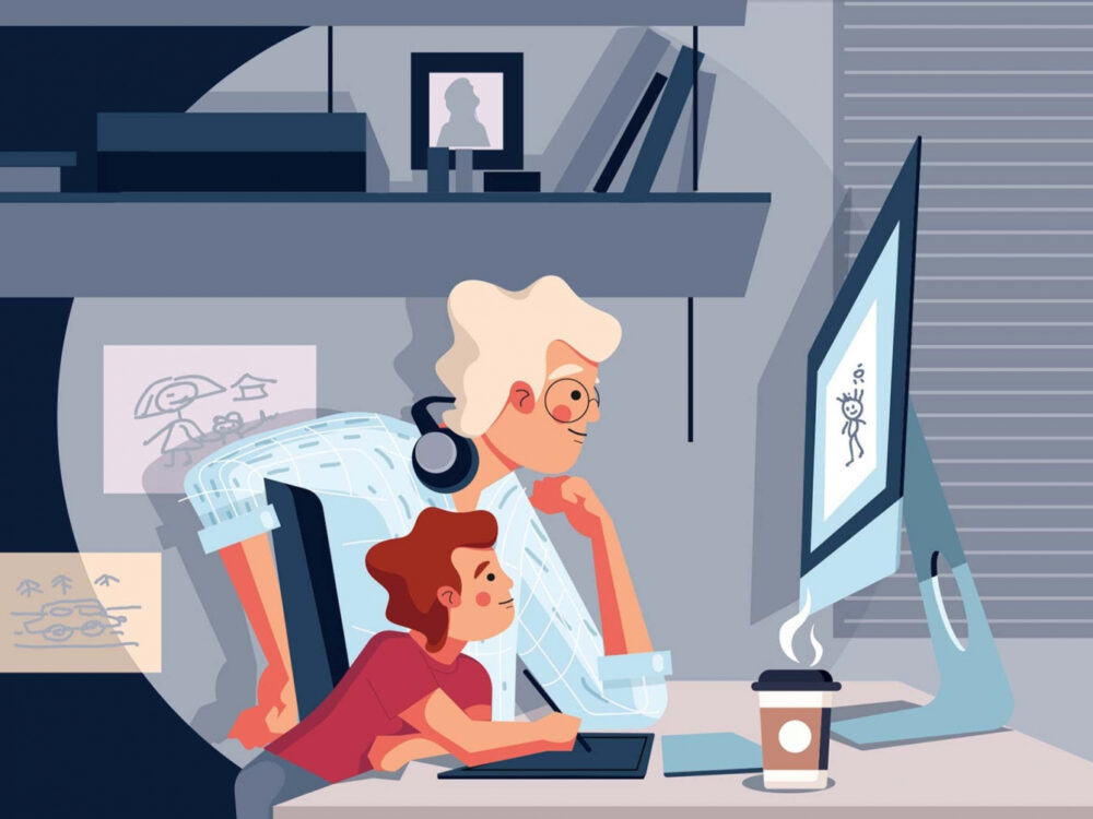 Father and Son Using Computer Illustration (AI)