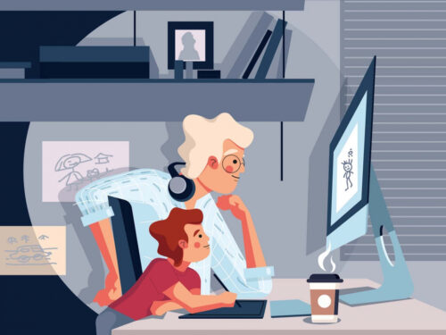 Father and Son Using Computer Illustration (AI)