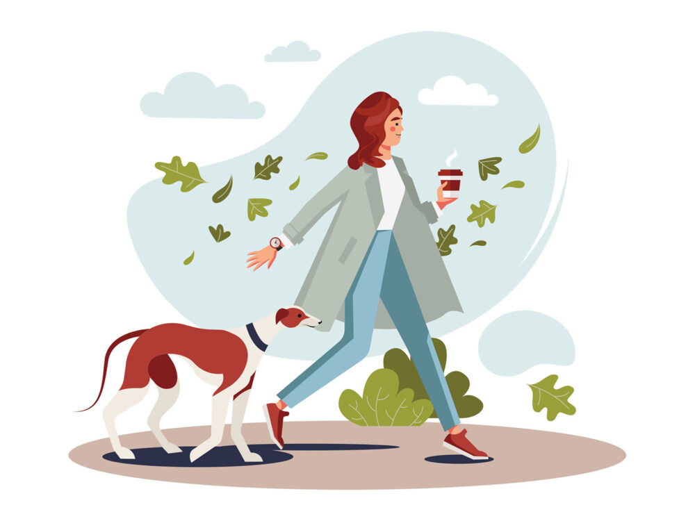 Girl Walking with Dog Illustration