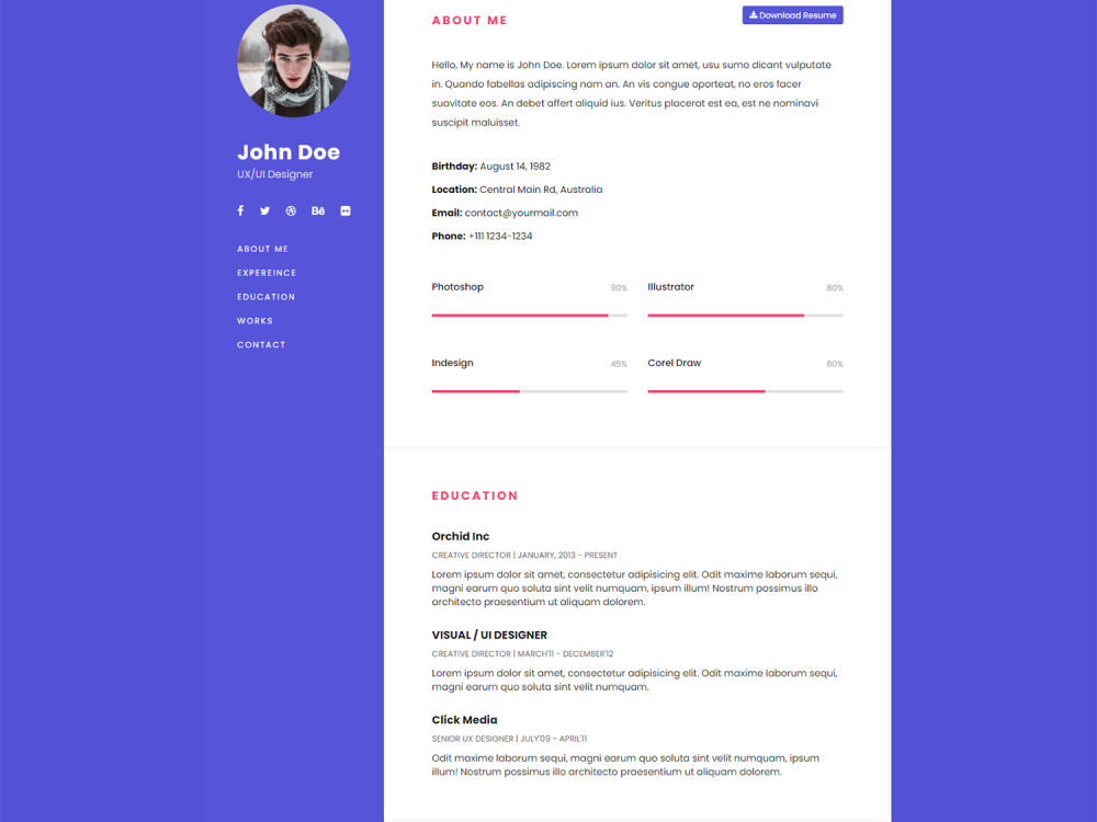 One Page Bootstrap Resume Template