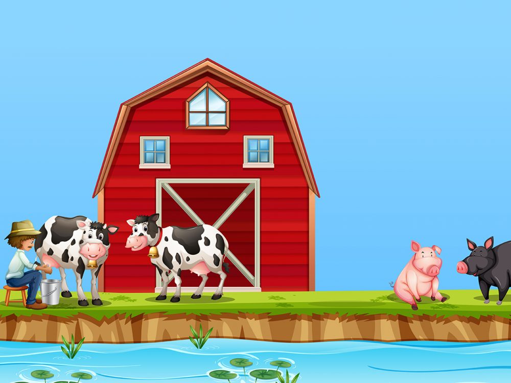 A Farmer Milking Cow at Farm Illustration