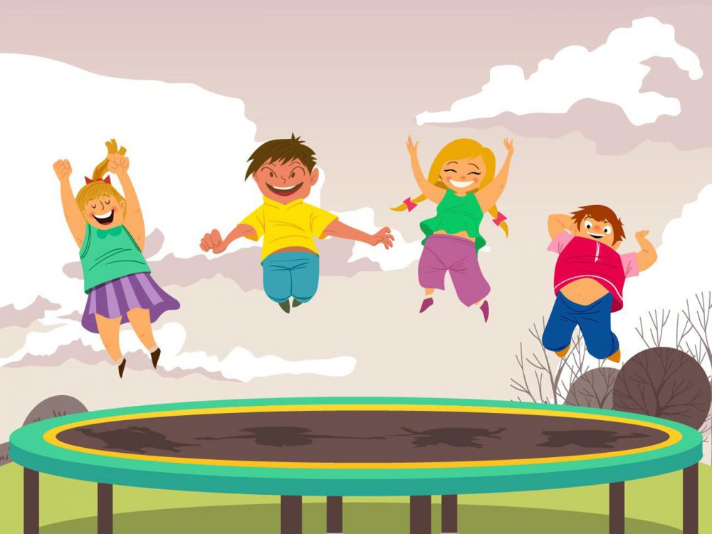 Boy And Girl Jumping on Trampoline Illustration