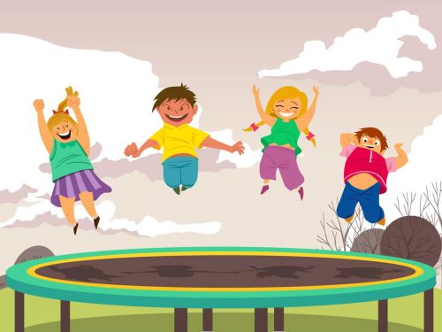 Boy And Girl Jumping on Trampoline Illustration