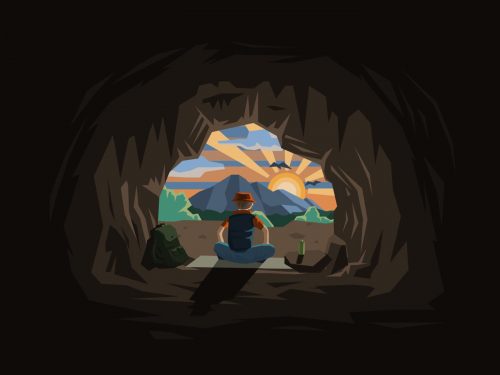 Cavern with a Man and Sunset Illustration