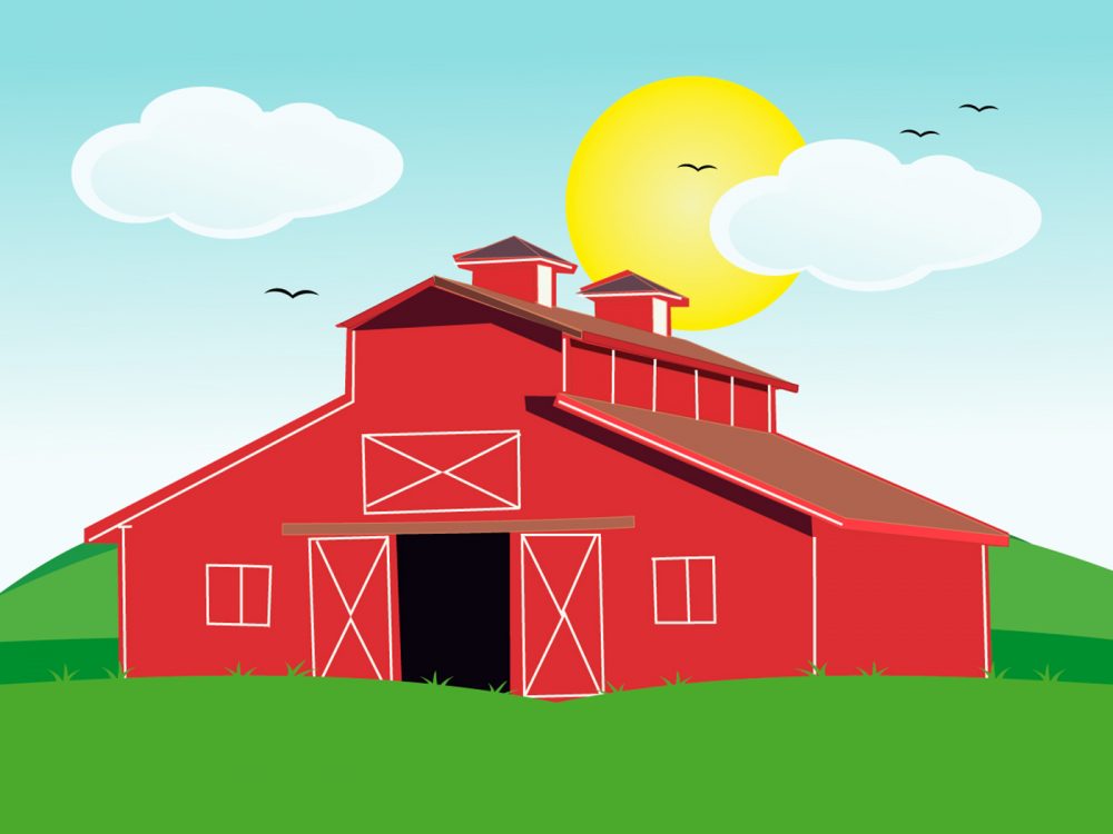 Cute Red Barn Illustration on Landscape