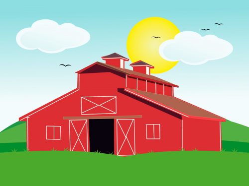 Cute Red Barn Illustration on Landscape