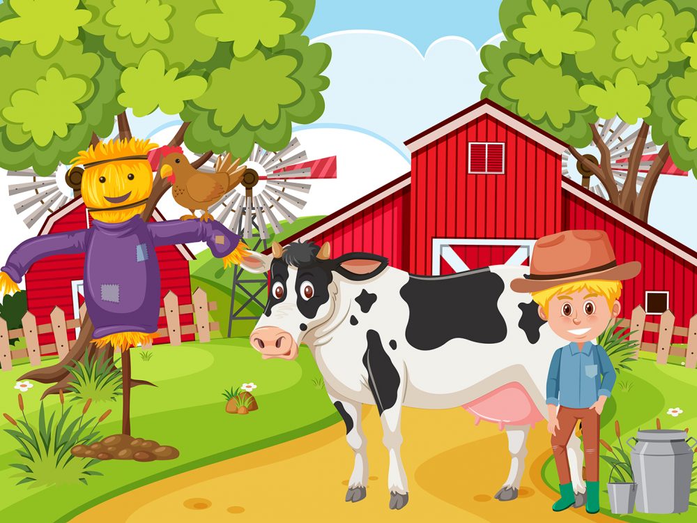 Farmer Milking the Cow Illustration