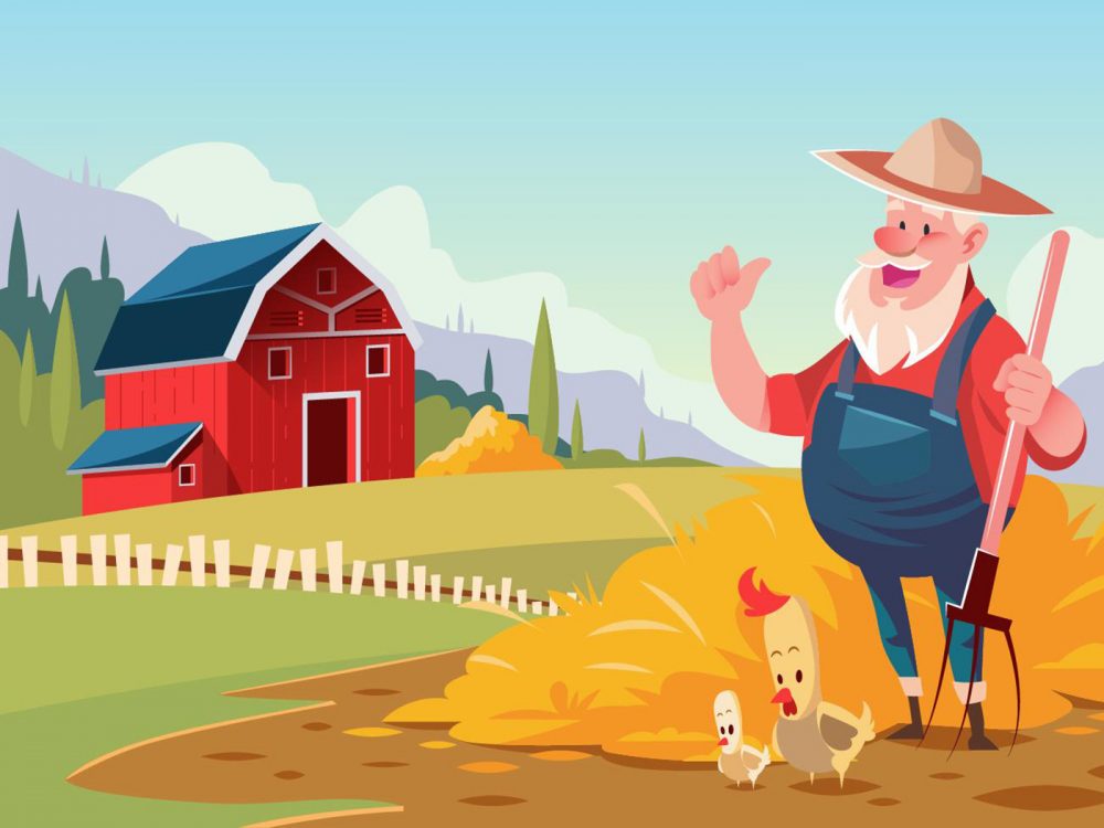 Farmer at Red Barn Illustration