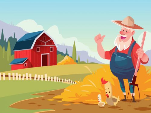 Farmer at Red Barn Illustration