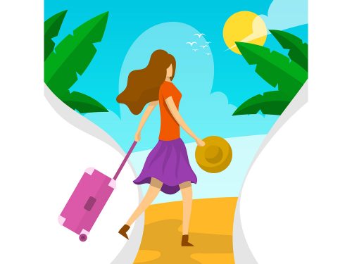 Flat Woman With Suitcase in Beach Illustration