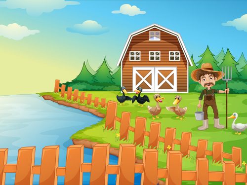 A Farmer Feeding His Ducks Illustration