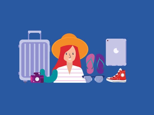 Female Traveler Essentials Pack Vector Illustration