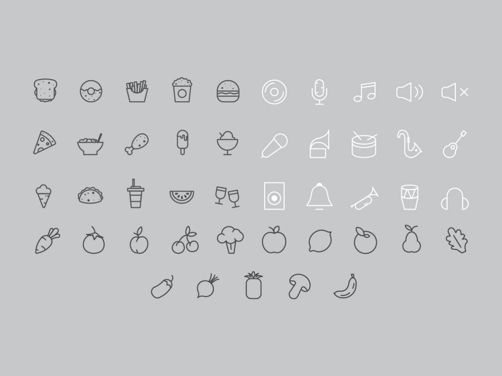 45 Food, Vegetables And Music Line icons