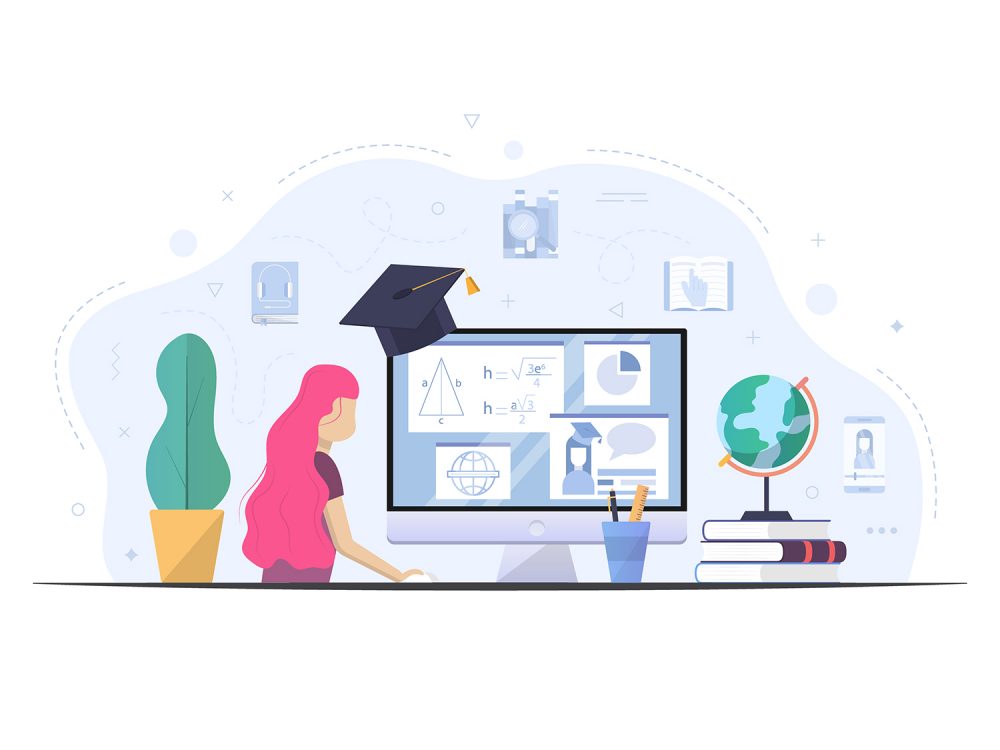 Children Study on Computer at Home Free Vector Illustration