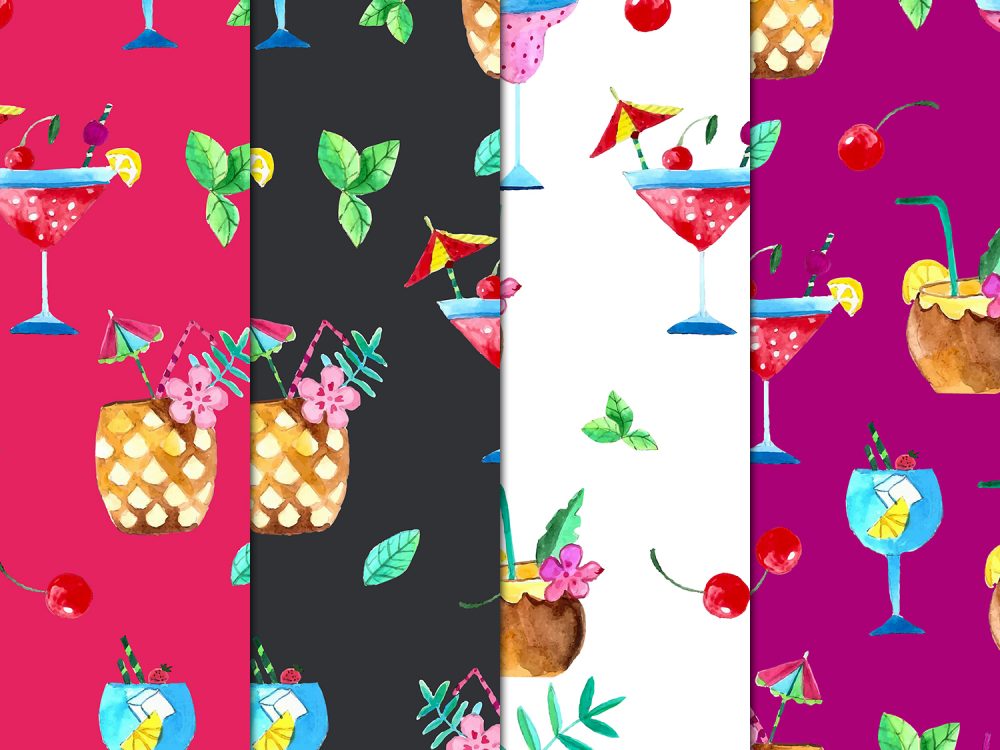 Cocktails Watercolor Vector Seamless Free Pattern