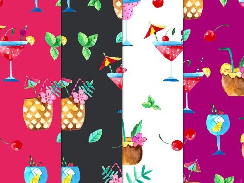 Cocktails Watercolor Vector Seamless Free Pattern