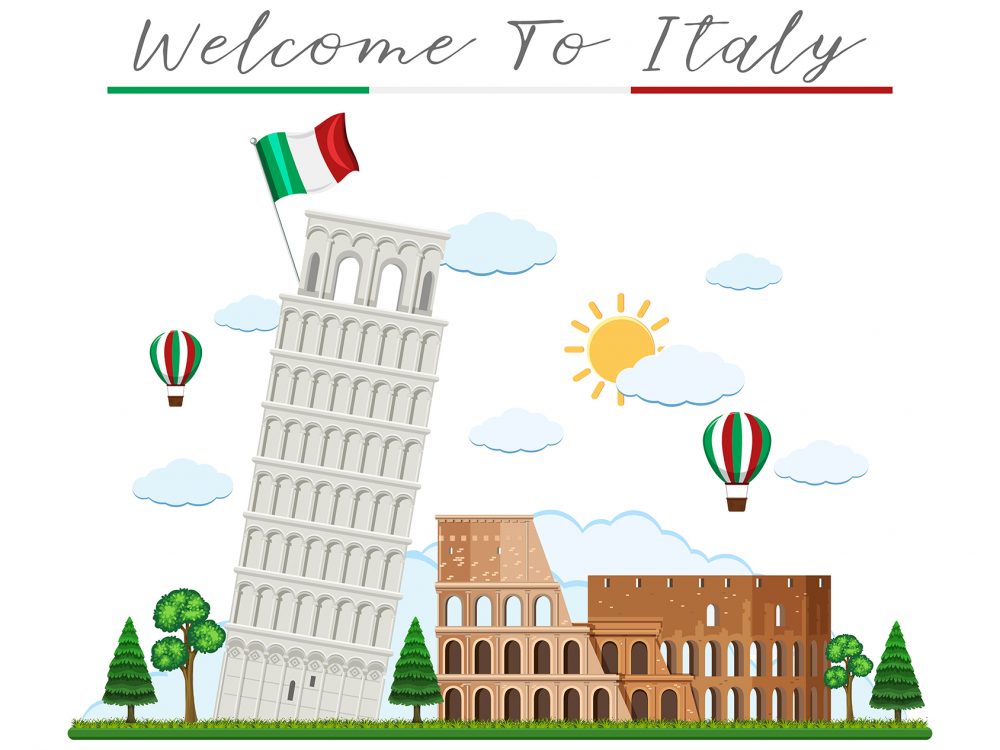 Welcome to Italy and Landmark Illustration is a bright high-quality vector illustration that depicts the sights of Italy. This illustration is very suitable for creating various design projects related to travel and tourism. Use this illustration to create posters, invitations, postcards, branding, flyers, prints, and more.