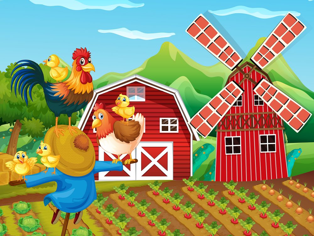 Chickens and Scarecrow Illustration