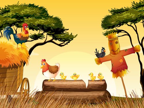 Chickens and Scarecrow Illustration