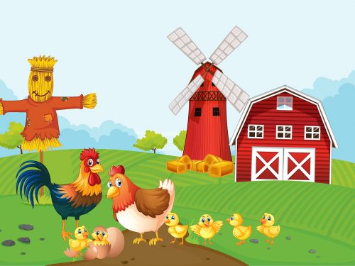 Chickens and Scarecrow Illustration