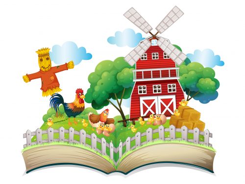 Chickens and Scarecrow Illustration