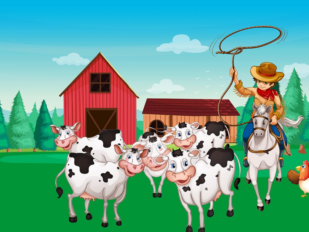 Farmer Riding Horse in the Farm Illustration