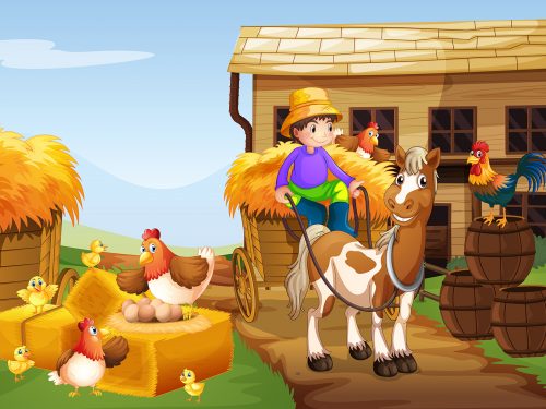 Farmer Riding Horse in the Farm Illustration