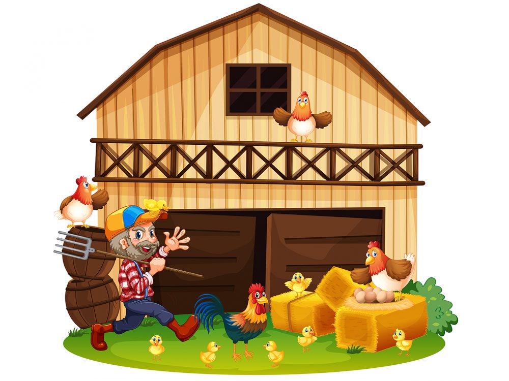 Farmer and Chickens in the Farm Illustration