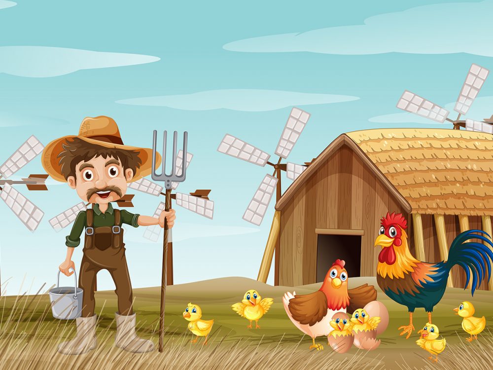 Farmer and Chickens in the Farm Illustration