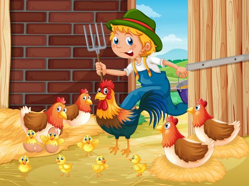 Farmer and Chickens in the Farm Illustration