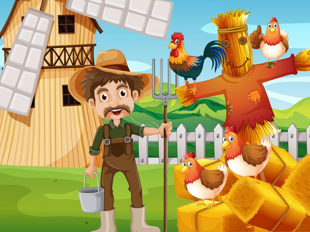 Farmer and Chickens in the Farm Illustration