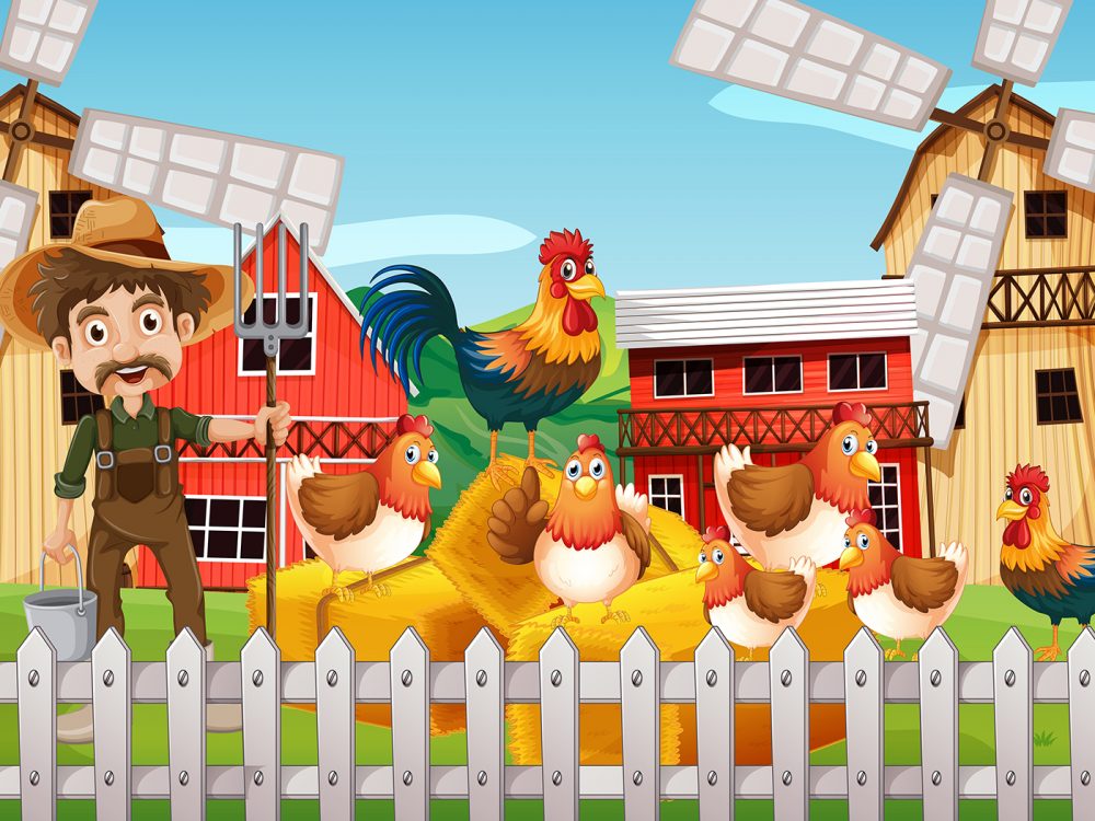 Farmer and Chickens in the Farm Illustration
