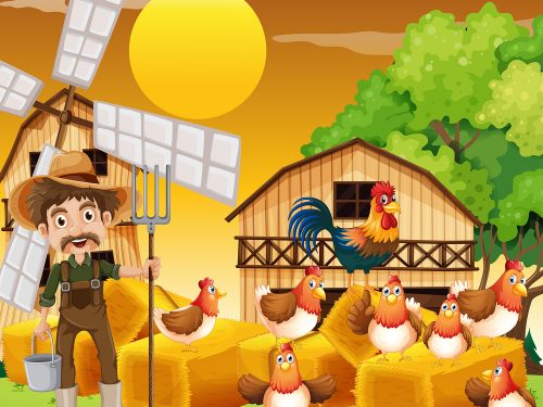Farmer and Chickens in the Farm Illustration