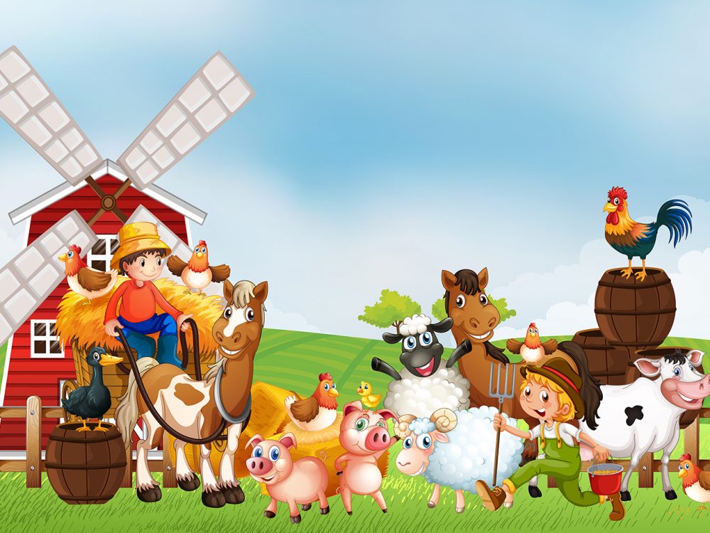 Farmer and Chickens in the Farm Illustration