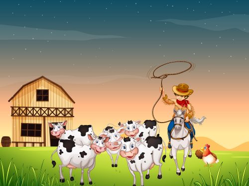 Farmer Riding Horse in the Farm Illustration