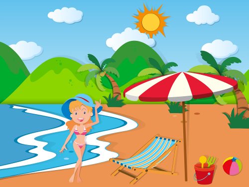 Woman in Bikini on the Beach Illustration is an interesting high-quality vector illustration that will fill your design projects with a sunny summer atmosphere of rest and vacations. You can use this illustration to create travel posters, cards, invitations, branding, flyers, prints, and more.