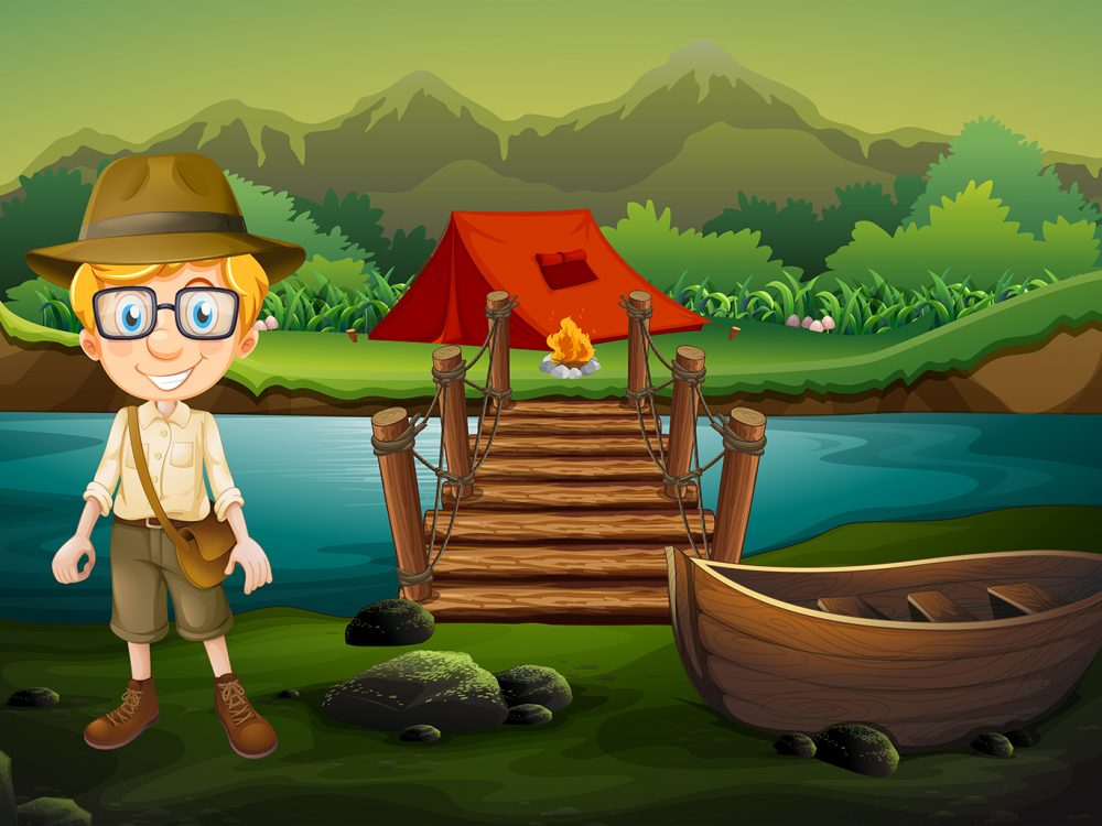 A Boy Scout Camping in Forest Illustration