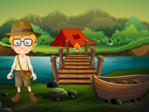 A Boy Scout Camping in Forest Illustration