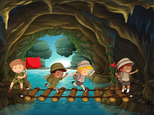 Boy Scout Exploring the Cave Illustration
