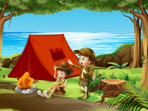 Boy and Girl Scout Camping in Nature Illustration