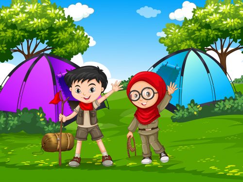 Boy and Girl Scout Camping in Nature Illustration
