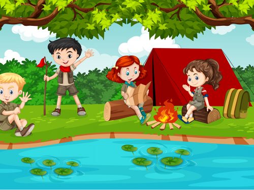 Boy and Girl Scout Camping in Nature Illustration
