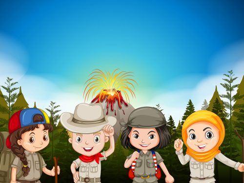 Children Hiking in Nature Illustration