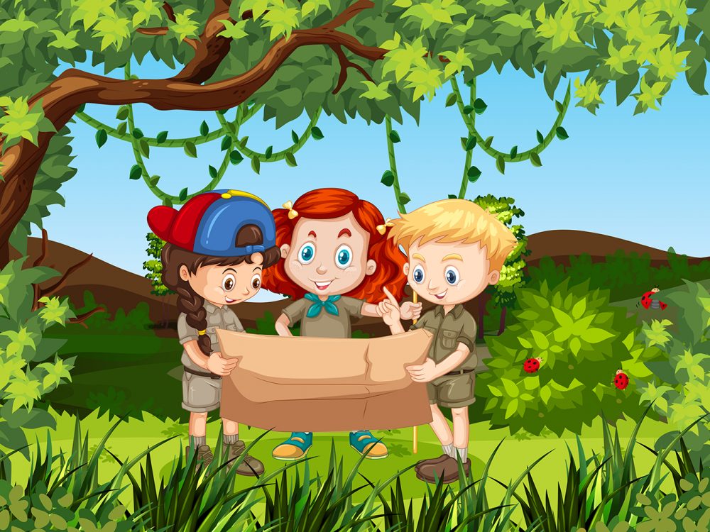 Children Holding a Map in the Forest Illustration