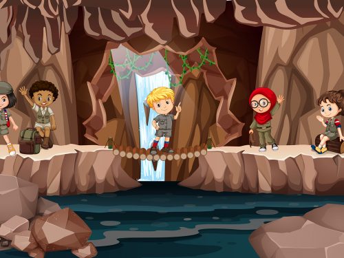 Group of Kids Hiking in Cave Illustration