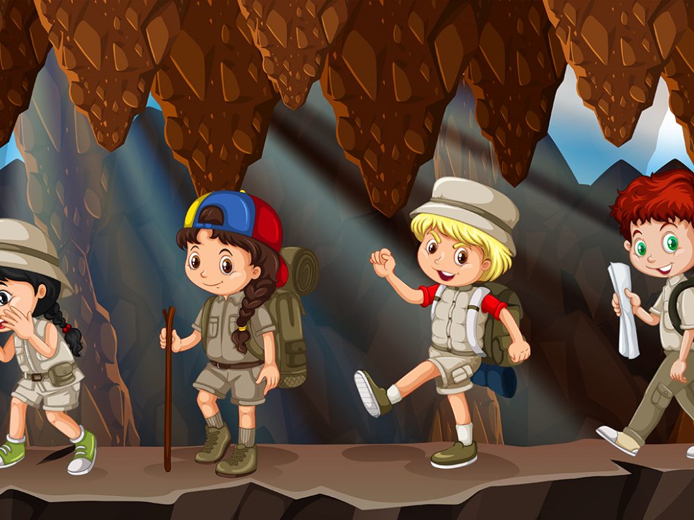 Group of Kids Hiking in Cave Illustration