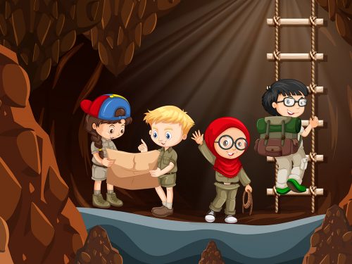 Group of Kids Hiking in Cave Illustration