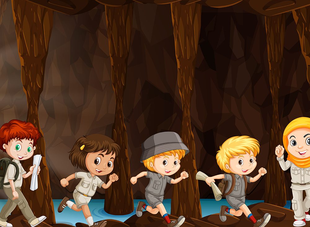 Group of Kids Hiking in Cave Illustration
