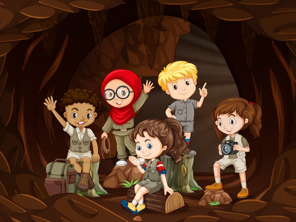 Group of Kids Hiking in Cave Illustration